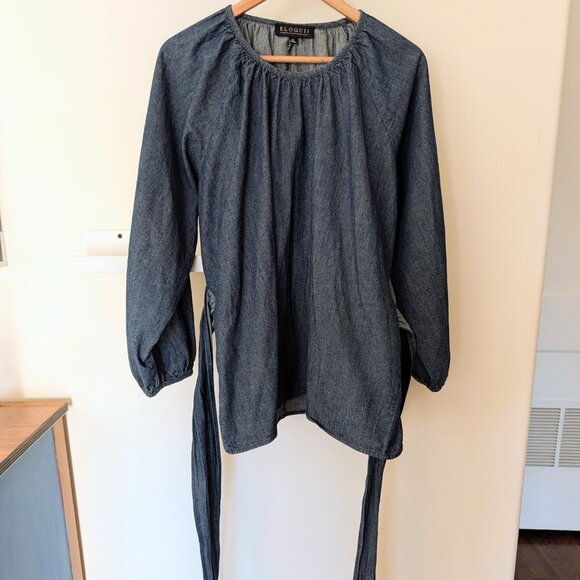 Eloquii Plus Size 16 Dramatic Faux Wrap Dark Blue Chambray Denim Blouse EUC - Picture 2 of 6